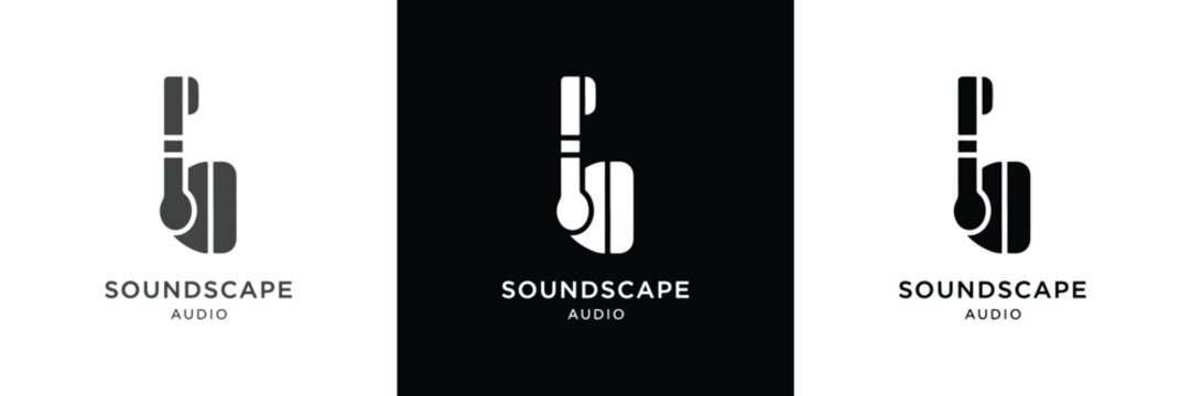 Three sleek, monochromatic SoundScape logo designs featuring geometric typography and clean lines for branding purposes.