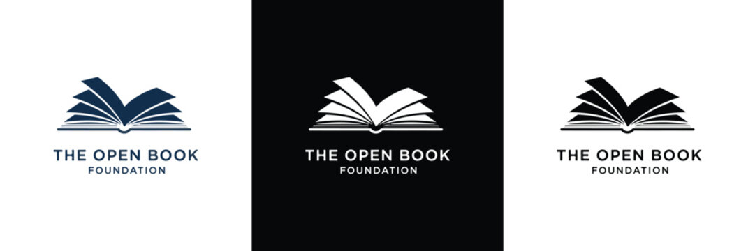 Three variations of The Open Book Foundation logo featuring a book icon and typography on a black background. Ideal for branding.