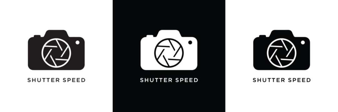 Three minimalist camera icons in black and white, each labeled with different shutter speed settings for photography.