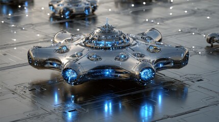 Futuristic starship with glowing blue engines rests on a metallic landing pad, hinting at interstellar exploration and advanced technology