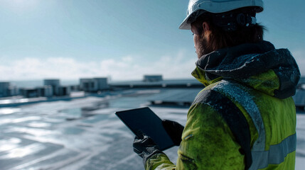 Engineer Using Tablet for Solar Panel Inspection - Renewable Energy Rooftop