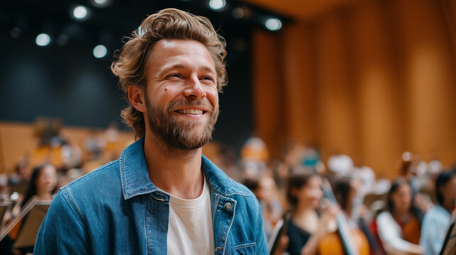 Maestro in rehearsal wearing casual clothes, joking with orchestra, human side of classical music, with copy space