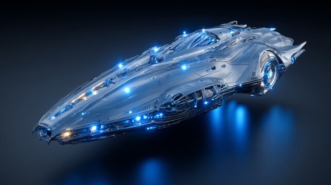 Sleek futuristic spaceship with glowing blue lights navigates the cosmos, symbolizing advanced technology and interstellar exploration. - Powered by Adobe