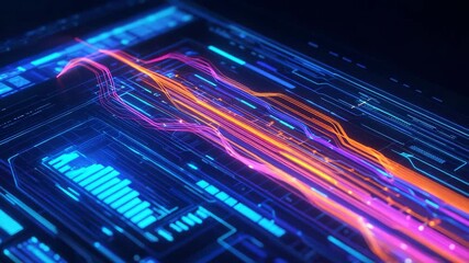 Abstract visualization of digital data flow on a futuristic circuit board. Neon lines and glowing graphs represent high-speed technology and data transfer in a modern digital environment. - Powered by Adobe
