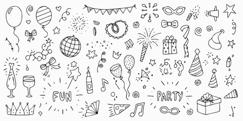 Collection of hand drawn doodle elements for party celebration and fun occasions