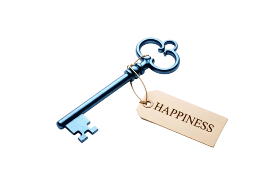 Ornate antique metal key with a small tag labeled happiness isolated on transparent background - Powered by Adobe