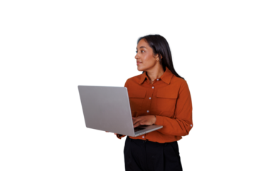 Woman standing and working on laptop, looking away, business communication, portable technology with a transparent background