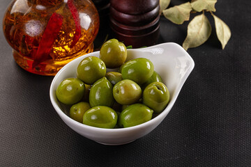 Marinated pickled green olives snack