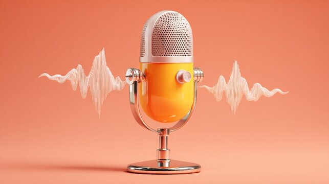 Vintage microphone broadcasts vibrant sound waves in a modern, minimalist studio setting for podcasting or audio production