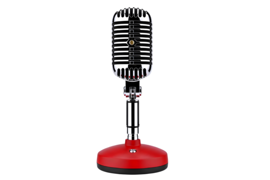 Vintage retro microphone with chrome grille and red base isolated on transparent background