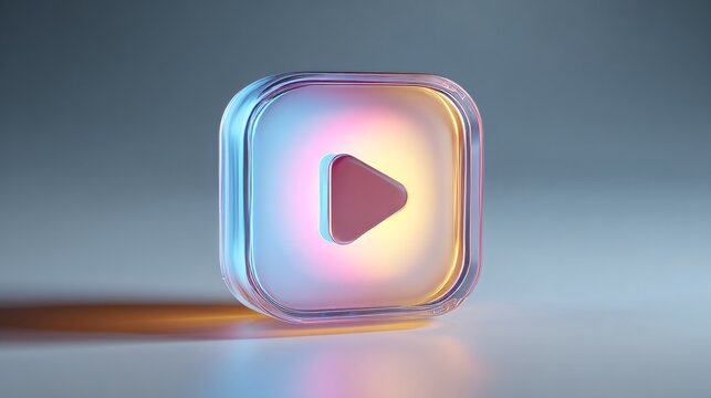 Modern translucent play button icon glows with vibrant neon light, signifying digital content and streaming services for engaging online experiences.