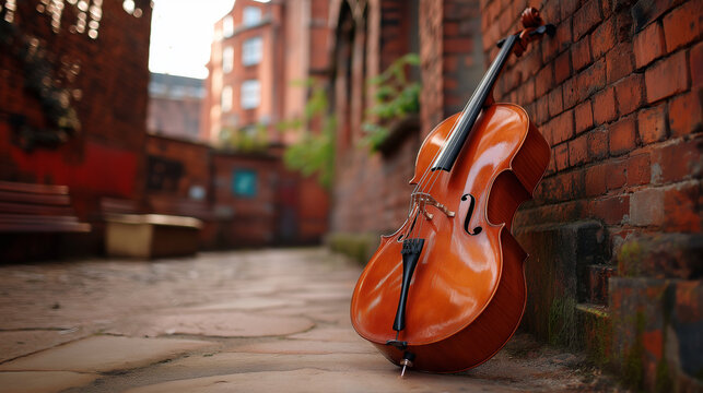 Cello resting against weathered brick wall in alley, urban classical contrast, street musician mood, with copy space