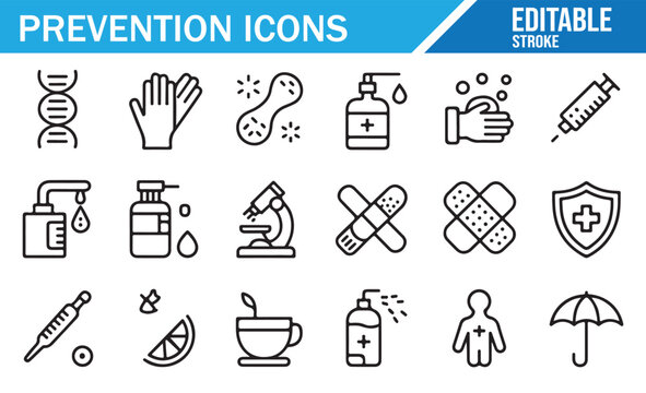 Prevention Line Icons Set — Hygiene, Vaccination, Safety, Health Protection, Handwashing, and Disease Control Concepts in Editable Stroke Vector Illustration - Powered by Adobe