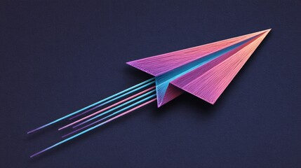 Vibrant paper airplane soars forward leaving a trail of colorful streaks, symbolizing innovation and ambitious progress in business and life