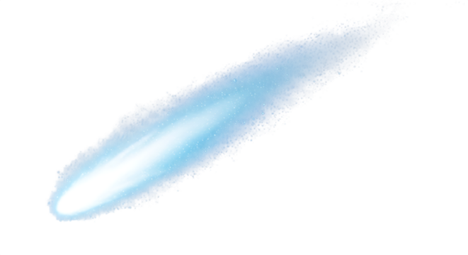 Bright blue comet, with glowing tail and starry dust particles, cutout, PNG isolated on white or transparent background