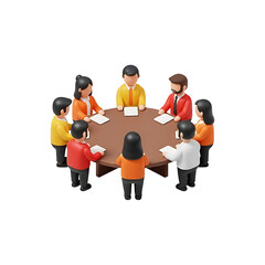 3D rendered diverse group of business people sitting around circular brown conference table with documents, colorful professional team in meeting discussing strategy, collaboration and teamwork