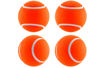 Four bright orange tennis balls with white seams arranged in a two by two grid isolated on transparent background