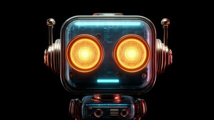 Captivating retro robot head with glowing orange eyes and futuristic blue accents on a dark background, perfect for tech concepts.