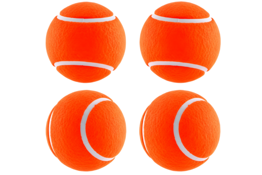 Four bright orange tennis balls with white seams arranged in a two by two grid isolated on transparent background