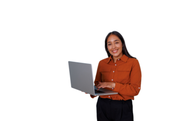 Young hispanic businesswoman smiling while typing on laptop, working and communicating online, transparent background