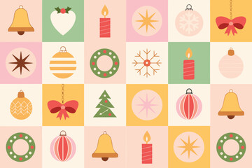 A repeating pattern of Christmas decoration illustrations