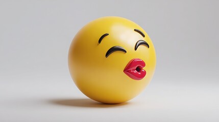 Fototapeta premium Expressive yellow emoji with puckered red lips sending a playful kiss, perfect for conveying affection and fun in digital communication.