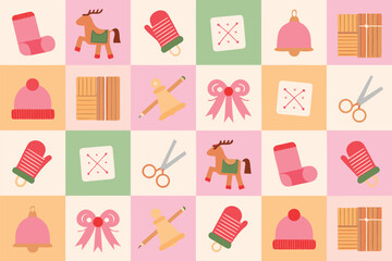 A repeating pattern of workshop inspired Christmas elements