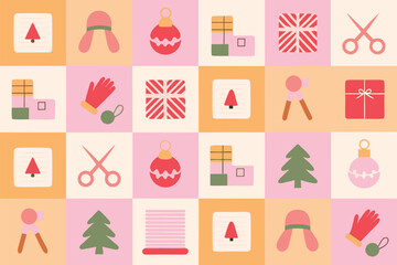 A repeating pattern of workshop inspired Christmas elements