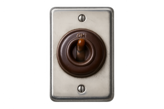 Vintage toggle switch showing the on position on a metal plate, controlling electric power or connecting devices, isolated with transparency