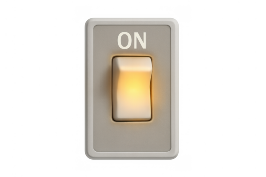 Illuminated on switch showing power activation, toggling electricity, and controlling light on a translucent background