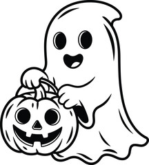 Cartoon ghost holding a jack o lantern trick or treat bag