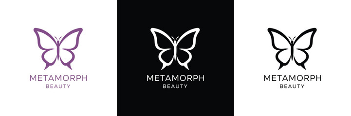 Three stylish butterfly logos for Metamorphosi brand, featuring minimalist designs in purple, white, and black themes.