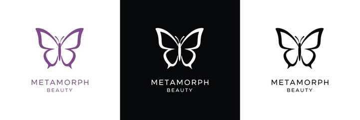 Obraz premium Three stylish butterfly logos for Metamorphii brand, featuring sleek designs in purple, white, and black themes. Perfect for branding.