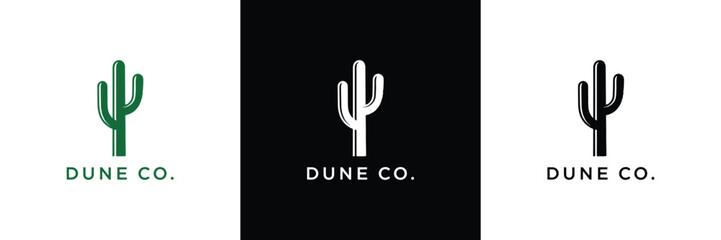 Three Dune Co. logo variations featuring a minimalist cactus icon in green, black, and white color schemes. Clean and modern design.