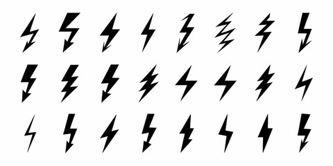 Collection of black lightning bolt icons and symbols representing energy and power