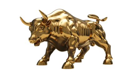 Polished Golden Bull Statue, with muscular body and powerful stance, cutout, PNG isolated on white or transparent background