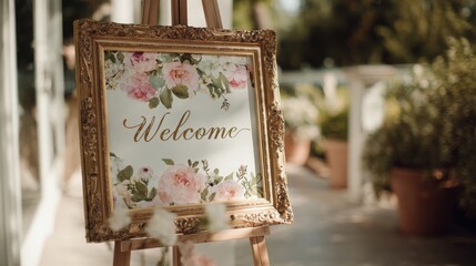 Elegant floral welcome sign on easel creates a warm, inviting atmosphere for any special event or celebration.