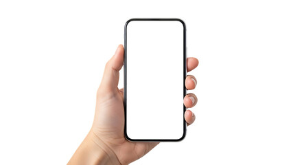 Human hand, holding a modern smartphone with a blank white screen, cutout, PNG isolated on white or transparent background
