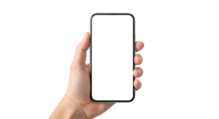 Human hand, holding a modern smartphone with a blank white screen, cutout, PNG isolated on white or transparent background