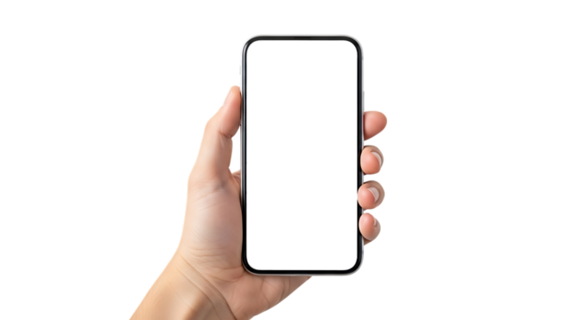 Human hand, holding a modern smartphone with a blank white screen, cutout, PNG isolated on white or transparent background