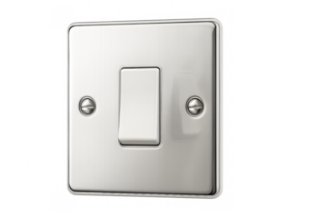 Chrome-plated electrical light switch with a white plastic toggle for turning power on or off, isolated on transparent