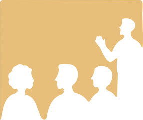 A speaker stands in front of an audience, delivering a presentation or lecture in a simple silhouette-style scene.