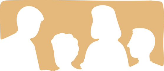 Silhouettes of four people in conversation are shown against a warm beige background, representing group discussion and teamwork.