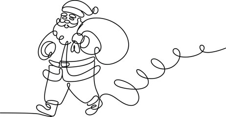 Single line drawing of Santa Claus walking with gift bag