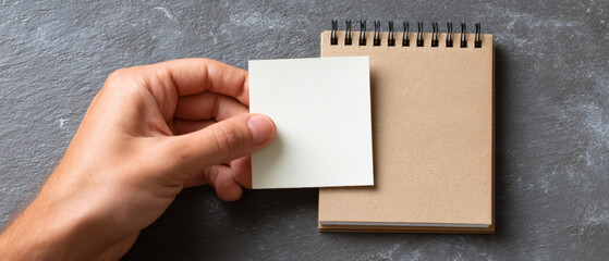 Obraz premium Hand holding blank white sticky note above small spiral-bound kraft paper notebook on dark textured surface