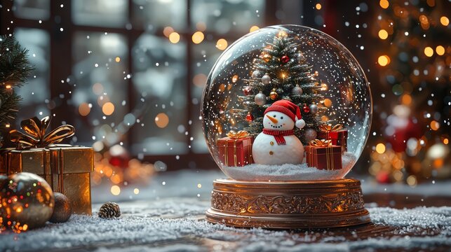 Snow globe featuring a cheerful snowman wearing a red hat, surrounded by colorful presents and a decorated Christmas tree, creating a festive holiday atmosphere with sparkling snowflakes