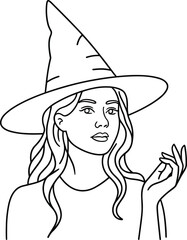 Woman wearing witch hat line art halloween costume
