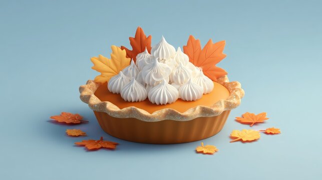 Indulgent pumpkin pie crowned with fluffy meringue, adorned with vibrant autumn leaves, perfect for holiday celebrations and cozy fall themes.