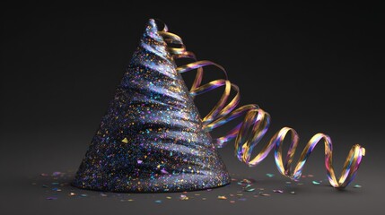 Sparkling party hat with vibrant confetti and swirling ribbons creates a festive, celebratory mood perfect for joyful events and happy occasions.