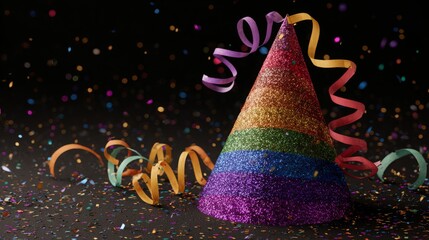 Sparkling party hat adorned with vibrant rainbow colors and swirling streamers amidst a shower of festive confetti against a dark, bokeh background